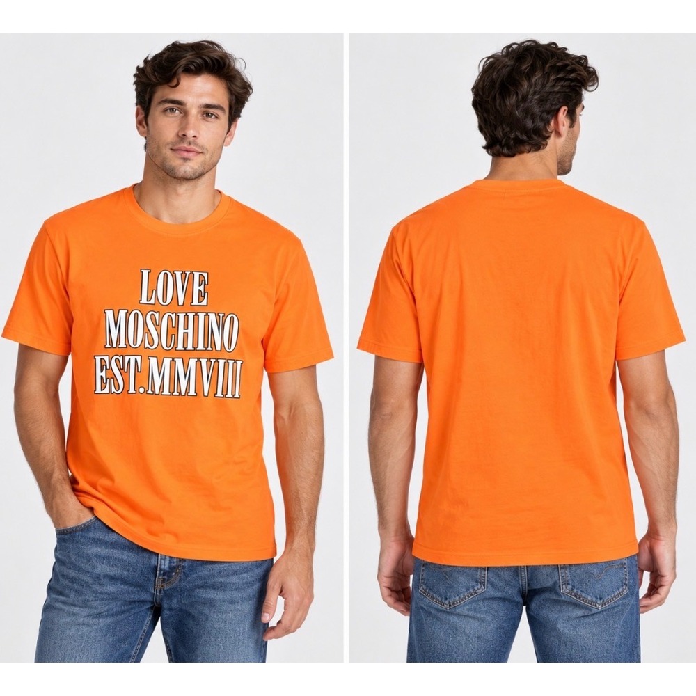 Love Moschino Orange Graphic Logo T-Shirt Men's Large Crew Neck Short Sleeve